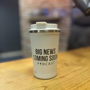 Premium White Travel Mug – "Big News Coming Soon”
